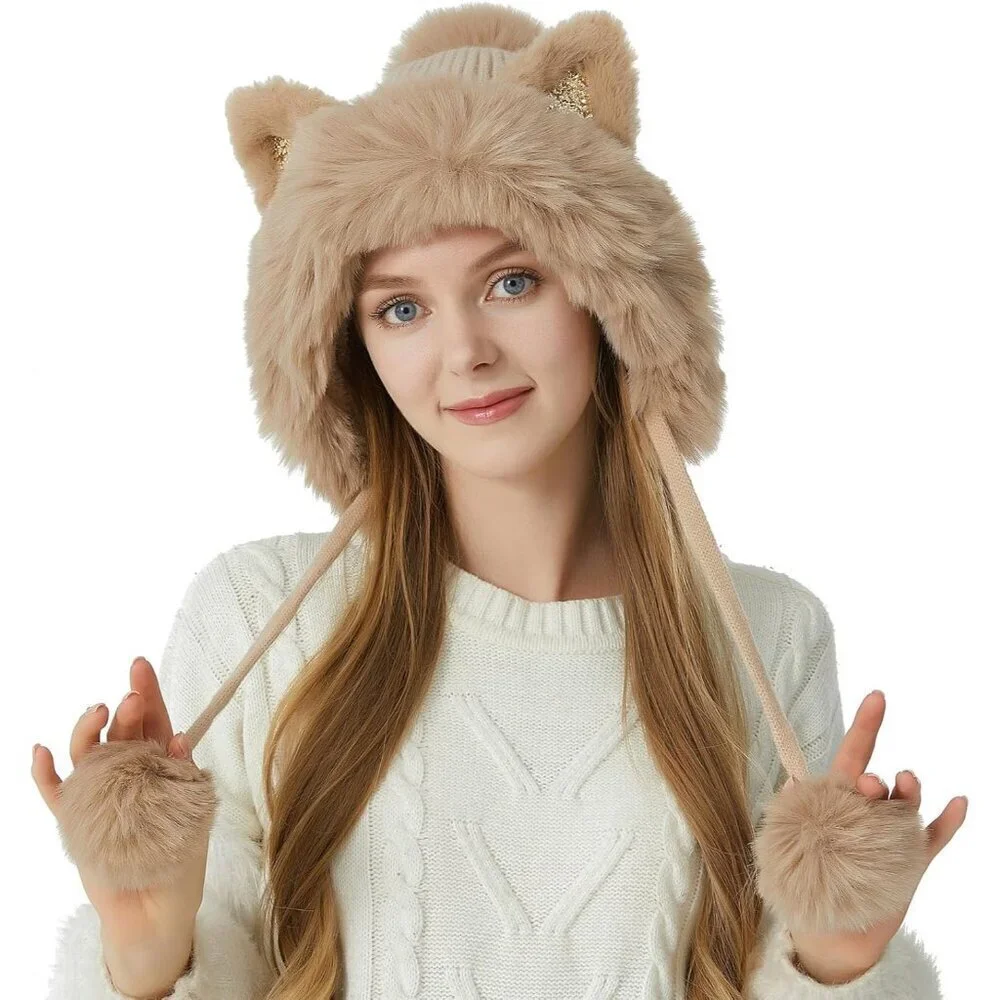 Women Khaki Solid Winter Peruvian Cover Ears Beanie Hat Ear Flaps Sherpa Snow